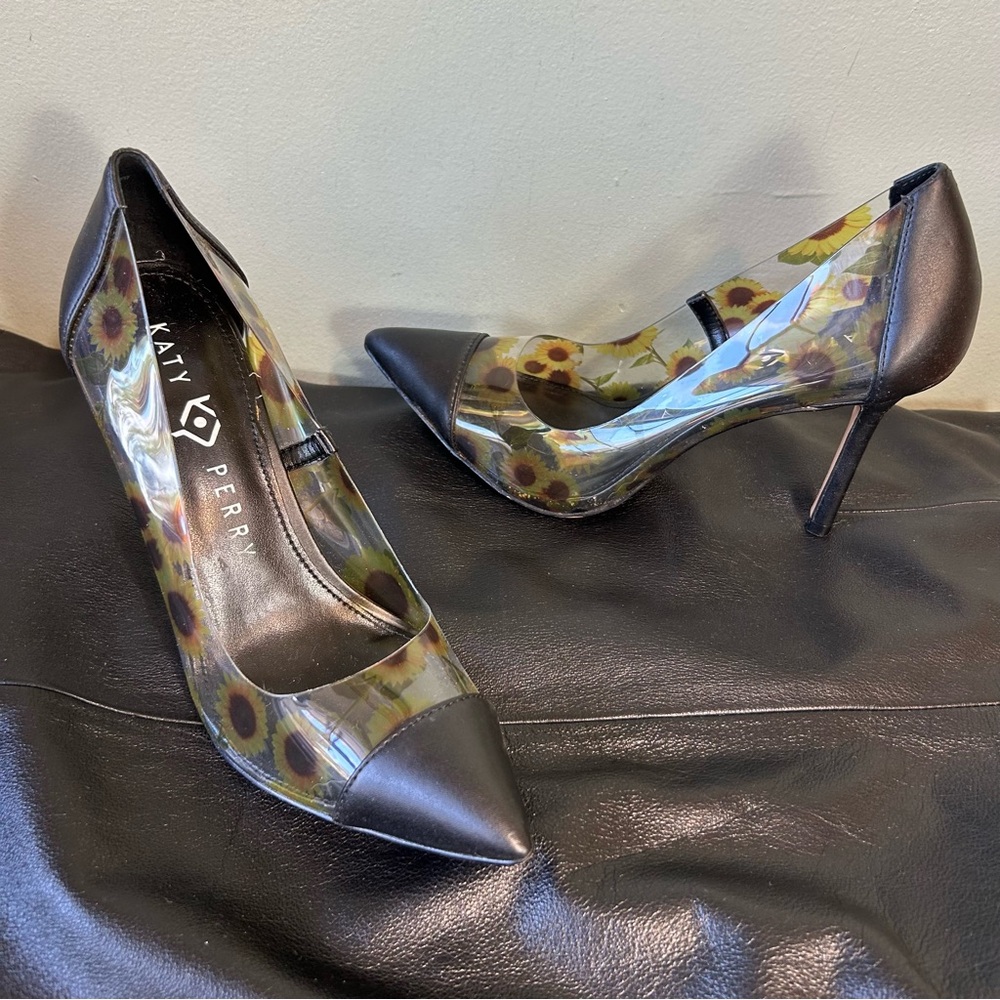 Katy Perry Black Clear Floral Sunflower The Meline Heeled Pumps Shoes - Picture 5 of 14